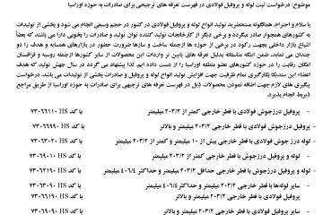 ۲۰۹۵۰ / درخواست ثبت لوله و پروفیل فولادی در فهرست تعرفه های ترجیحی برای صادرات به حوزه اوراسیا /